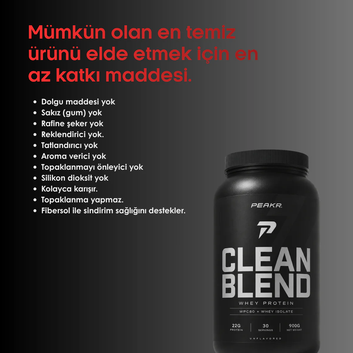 PEAKR Clean Blend — WPC80 + Whey İzolat Protein Tozu  - 900 GR - Aromasız - Image 4